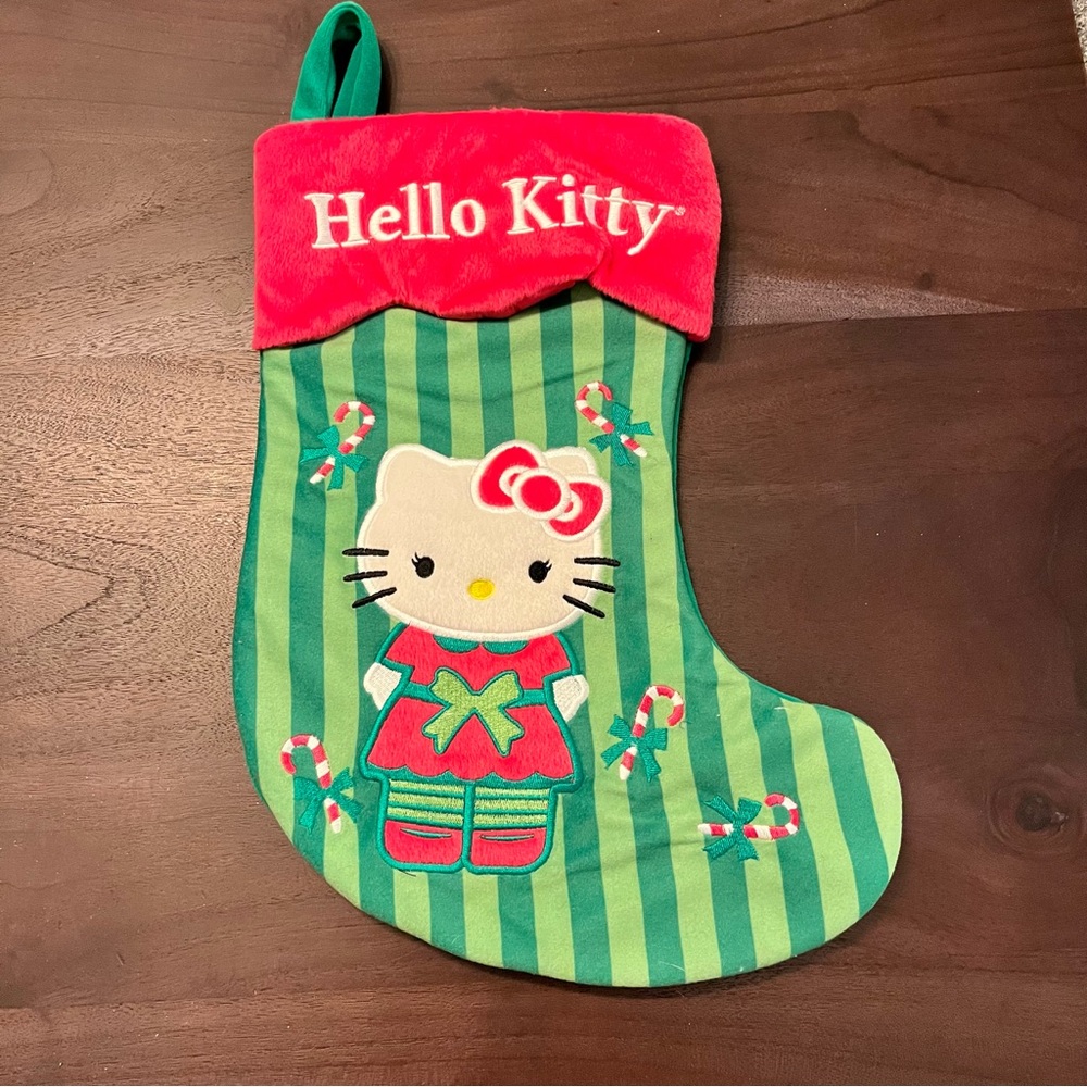 Sanrio Hello Kitty Pink Green Striped Christmas Holiday Fabric Stocking Kawaii